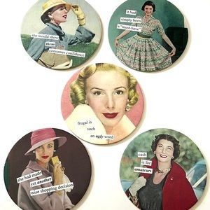 Anne Tainter Coasters Set of 5 Sarcastic Funny Retro vintage Women Quotes Decor